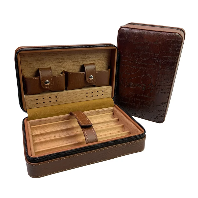 Portable Humidor Cigar Box Travel Cigar Case Leather Cedar Wood Smoking Accessories