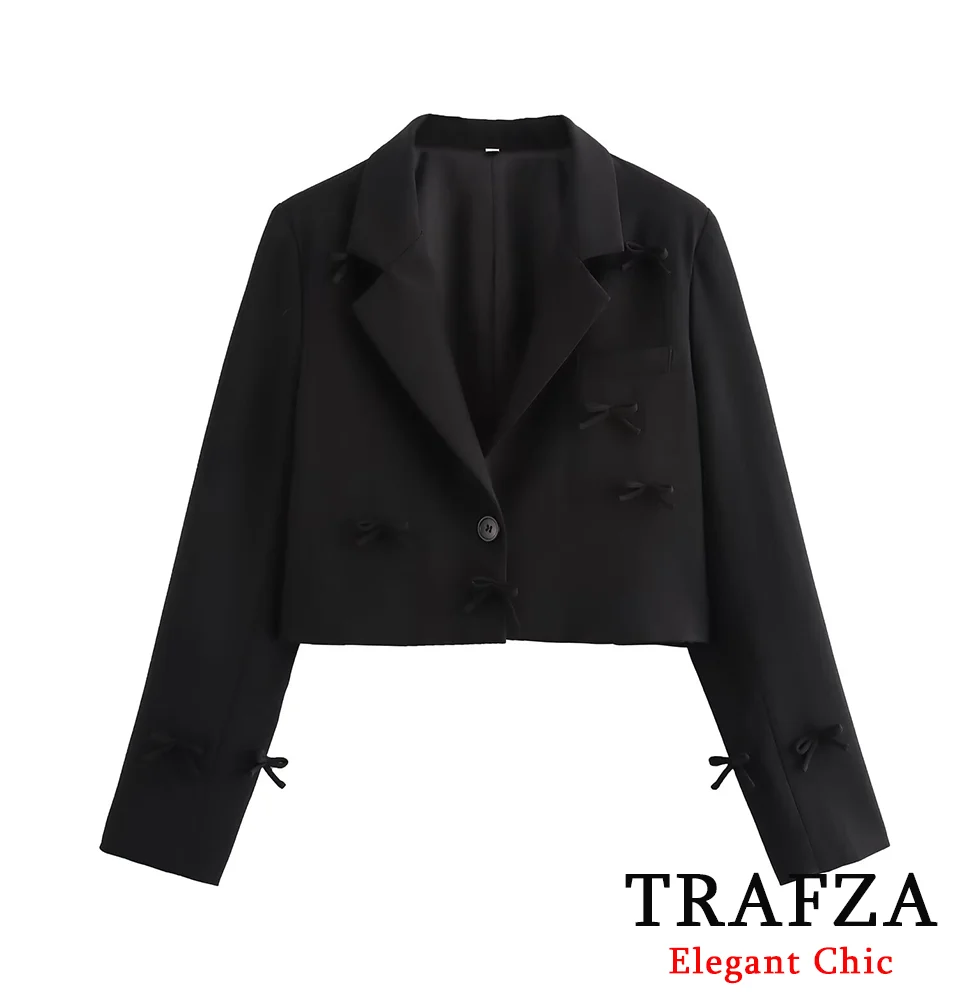 TRAFZA-Women Elegant Blazer With Bow Lapel Single Button Dinner Slim Blazer New 2025 Spring Fall Fashion Classic Date Blazer