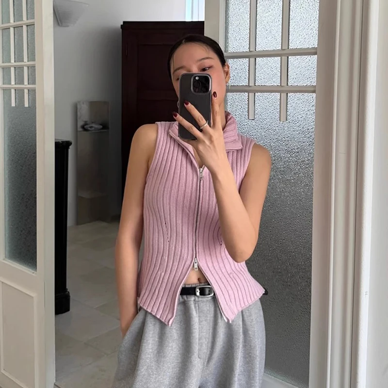 

Chic Summer New Sle Zipper Knitted Svel Stand Collar Vest for Women Versatile Color Casual Faionable