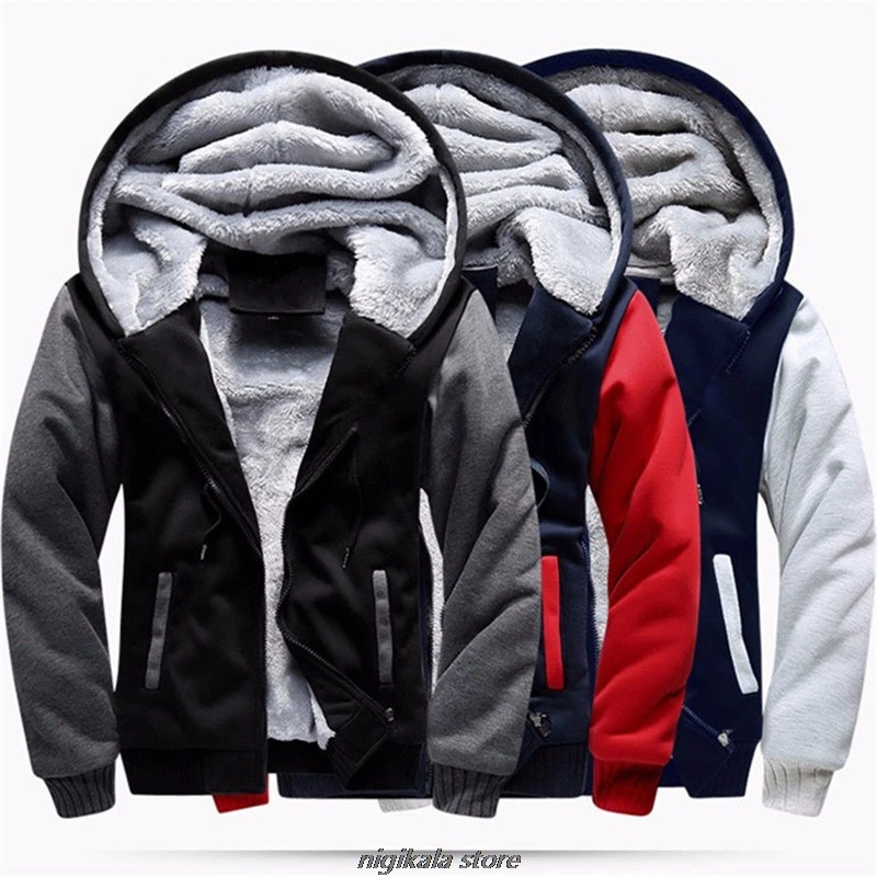 

USA SIZE Men's Hoodies Winter Thicken Fleece Warm Zipper Jackets Men Coats Hooded Spliced Casual Outwear Hooded Clothes Tops