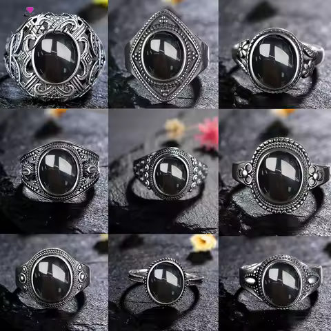 Vintage 925 Sterling Silver Black Onyx Ring Oval Shape Natural Stone Certified Fine Jewerly Retro Silver Rings for Women Men