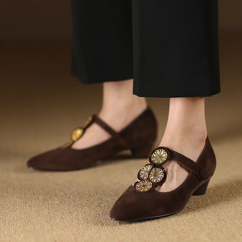 

Spring Autumn Vintage Pumps Sheepsuede Shoes Cozy Med Heels French Style Women Shoes On Heel 4.5 CM Mary Jane Thick Heels