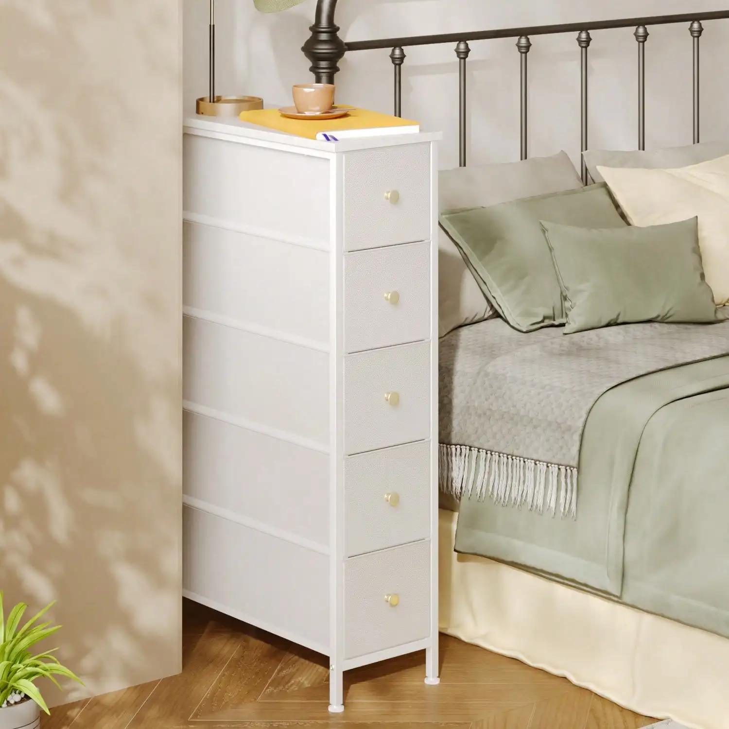 

5-Drawer Nightstand, Fabric Storage End Table For Living Room, Bedroom & Makeup Organizer | Slim Multi-Functional Cabinet
