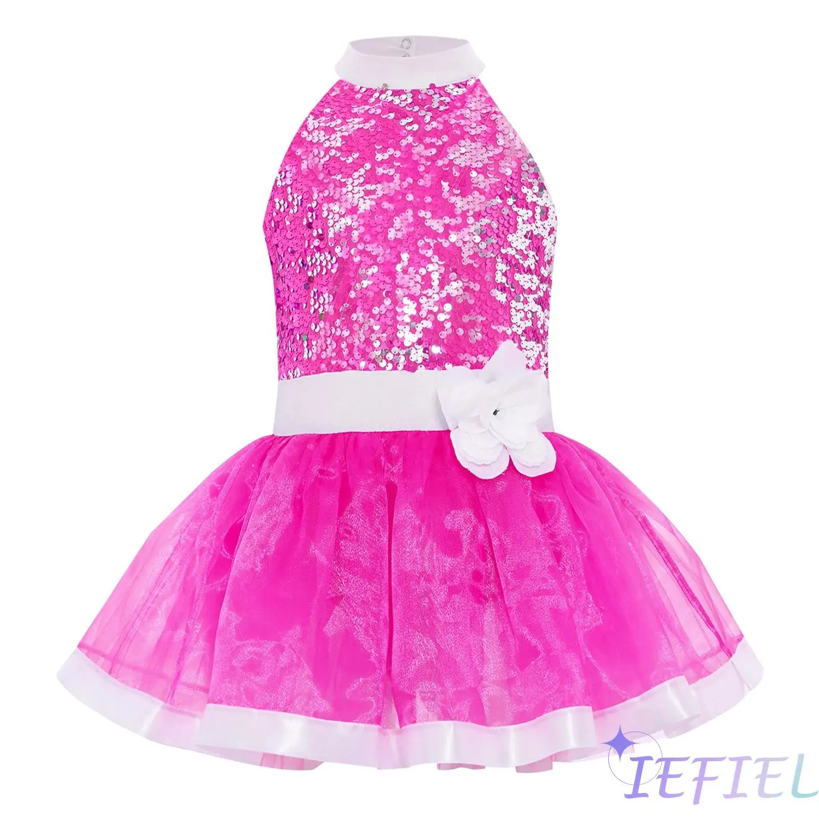 

Kids Girls Shiny Sequins Layered Tulle Ballet Dance Dresses Sleeveless Cutout Back Tutu Dress with Built-in Briefs Dancewear