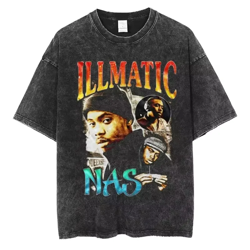 NAS ILLMATIC Alphabet Print T-shirt High Street Fashion Men Women Hip Hop Tshirt Cotton Oversized Vintage Short Sleeve Tees