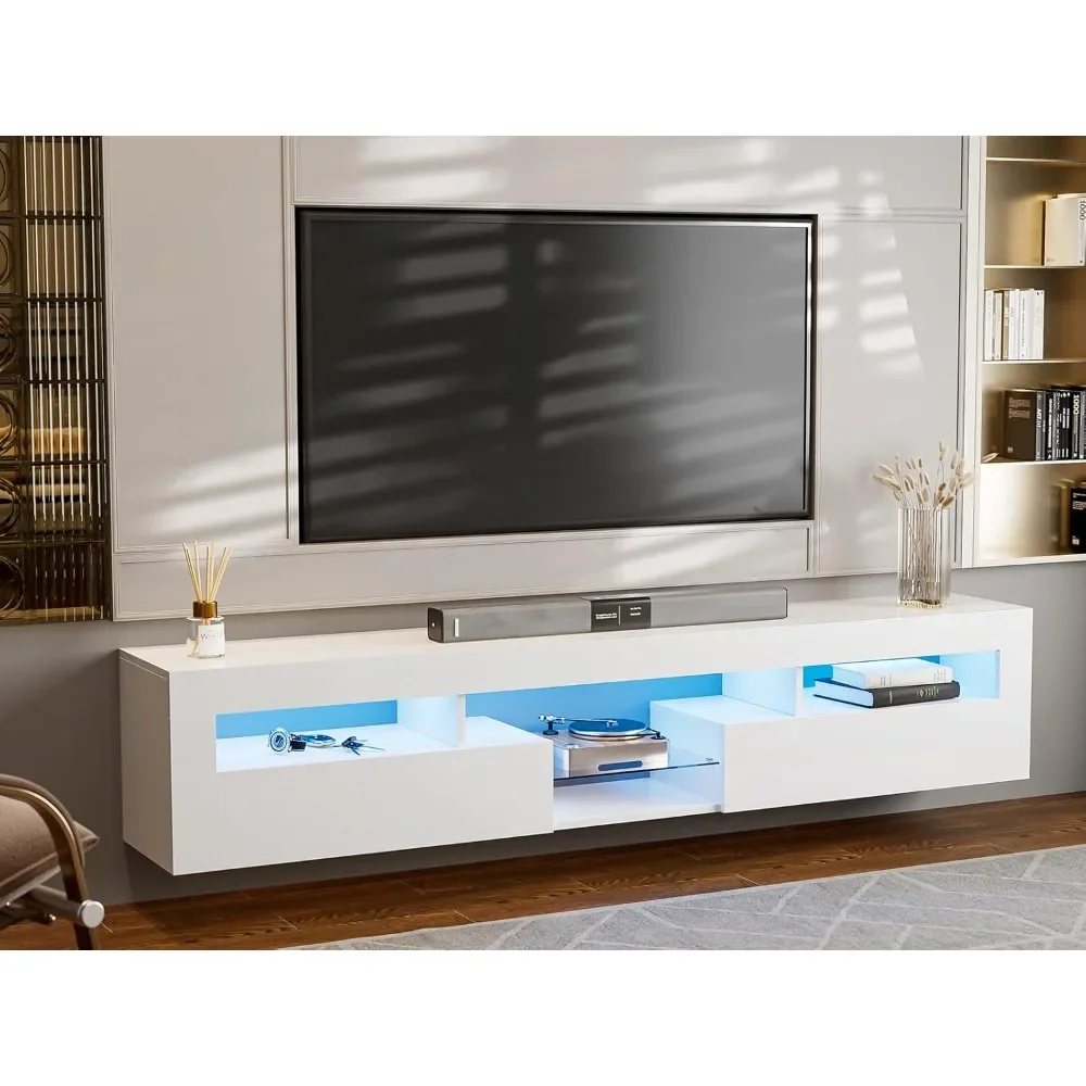 LED Floating TV Stand for 85 Inch TV, White High Glossy Wall Mounted Haning TV Stand with Cabinets, Entertainment Center Console