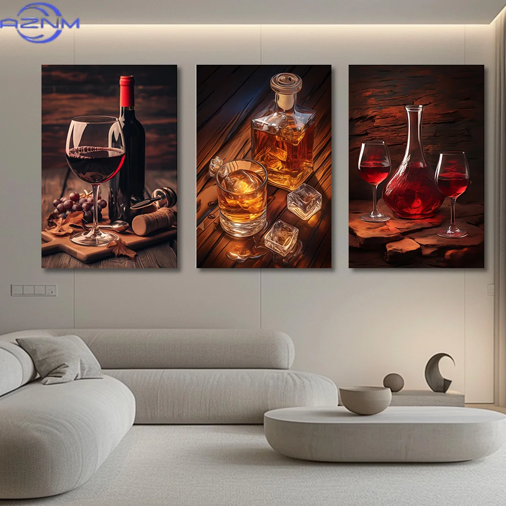 2D Framed Canvas Painting, 3pcs, Wine Bottle and Cup Canvas Art, Room Decoration, Perfect for Farmhouse, Living Room, Bedroom, O