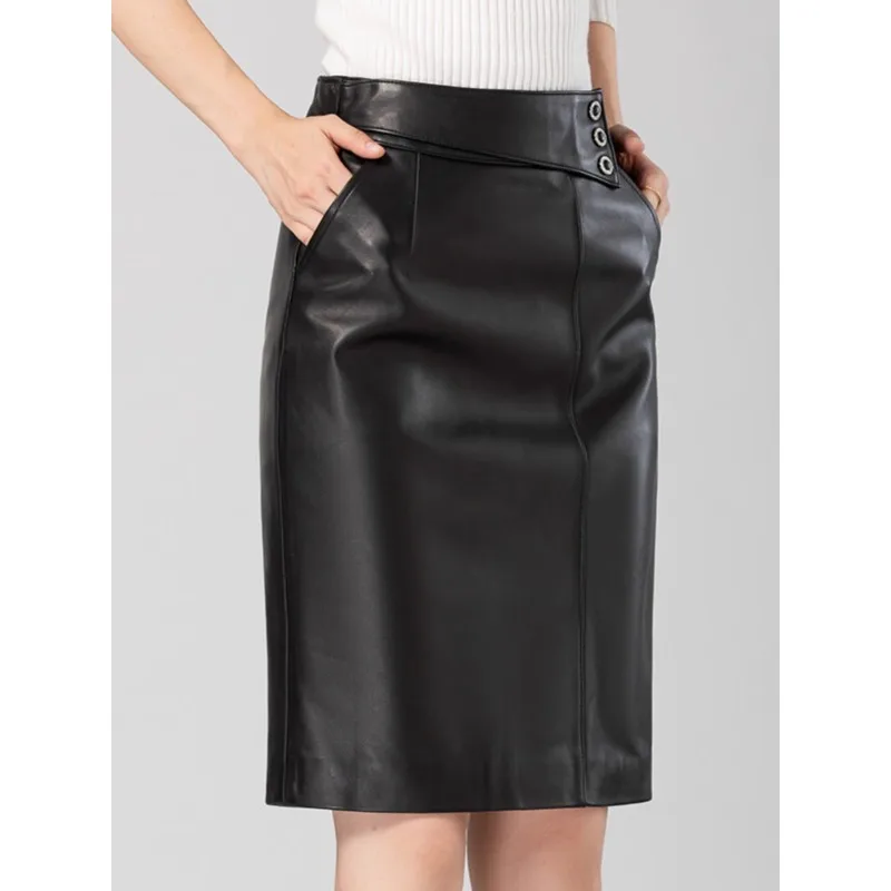 2024 Hip Wrap Skirt For Women Luxury High Waist Slim Genuine Leather Femme Split One Step Skirt Simple H-line Half Body Skirt