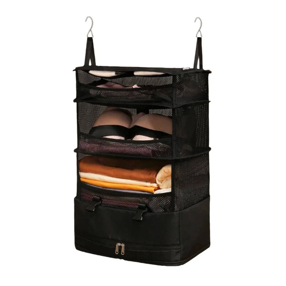 

4 Layers Hanging Travel Storage Bag Foldable Large Capacity Hanging Clothes Storage Bag Space Saving with Mesh Pockets