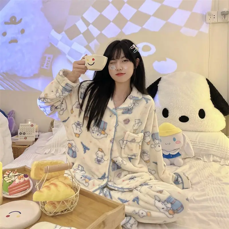 بيجامات سينامورول للفتيات للخريف والشتاء سميكة من الفلانيل المرجاني المخملي بدلة شتوية للطالبات ملابس منزلية ناعمة لطيفة