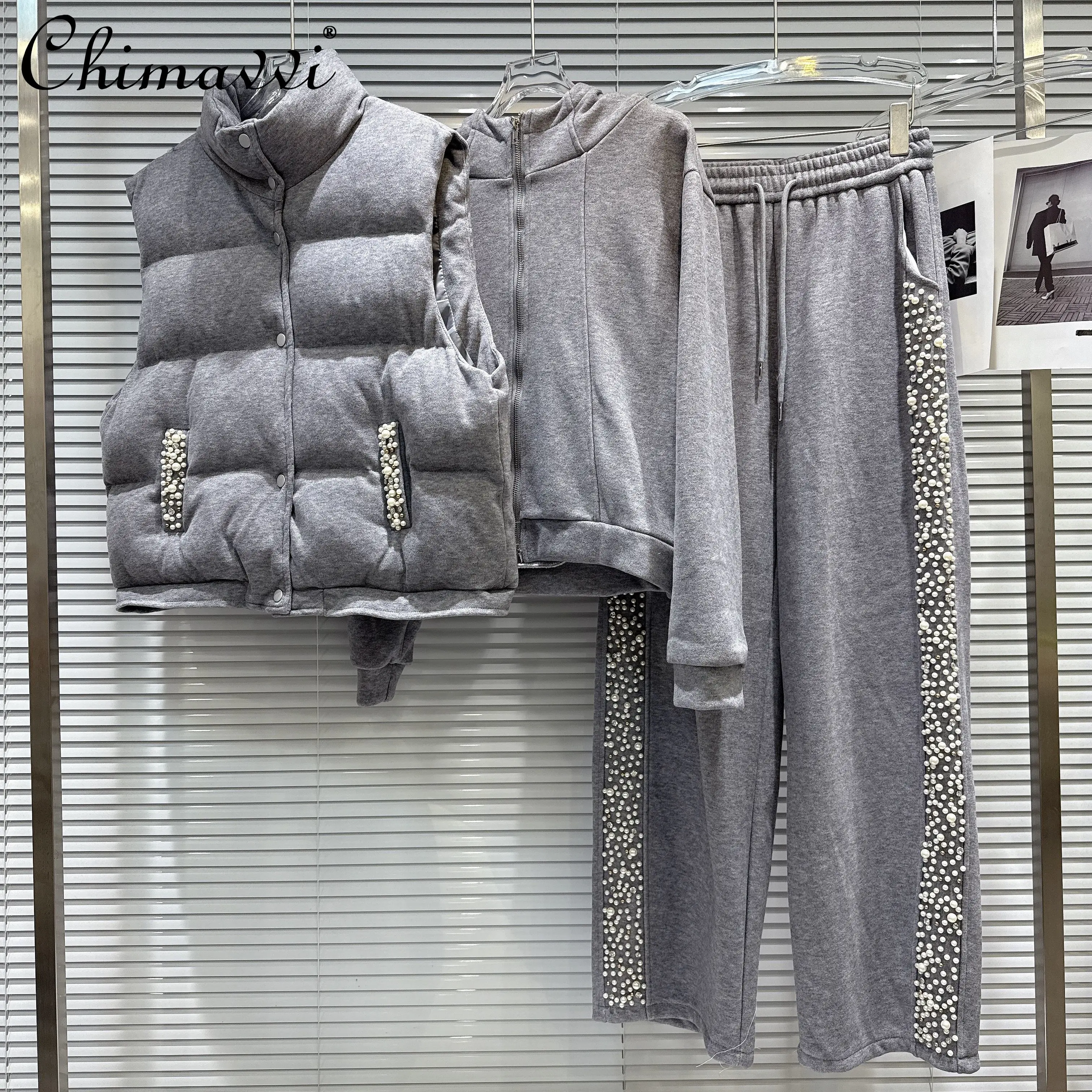 

2025 Winter Women's Sweatshirts 3-Piece Set Pearl Cotton Vest Zipper Hooded Sweatshirt High Waist Fleece Casual Pants Set Women