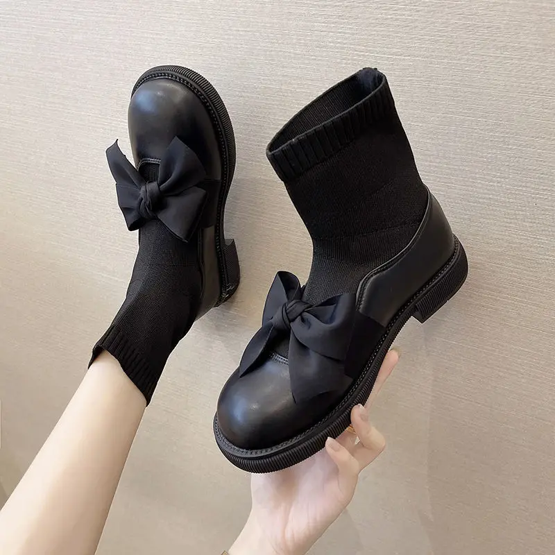 

Knitted Stretch Short Boots Women 2023 New All-match Flat Bow Small Leather Shoes Fashion Cute Kawaii Girl Square Heel Gothic