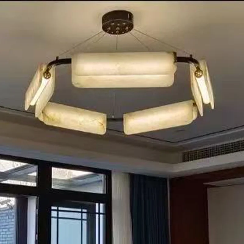 

Premium Spanish Snowflake Marble Lamp Copper Round Square Lustre 3 Color Dimmable Lighting for Villa Restaurant Ceilings