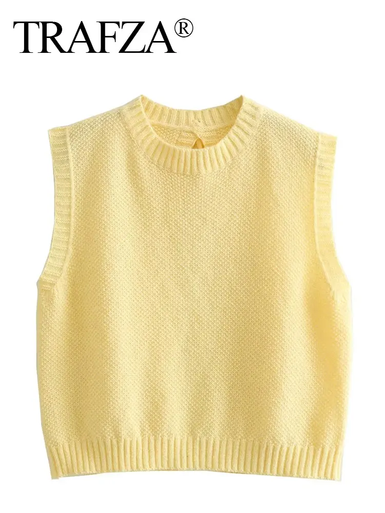 TRAFZA Women Elegant Solid Sweater Vest Top Back Lace Up O Neck Sleeveless Backless Yellow Knit Pullover Sweaters Streetwear