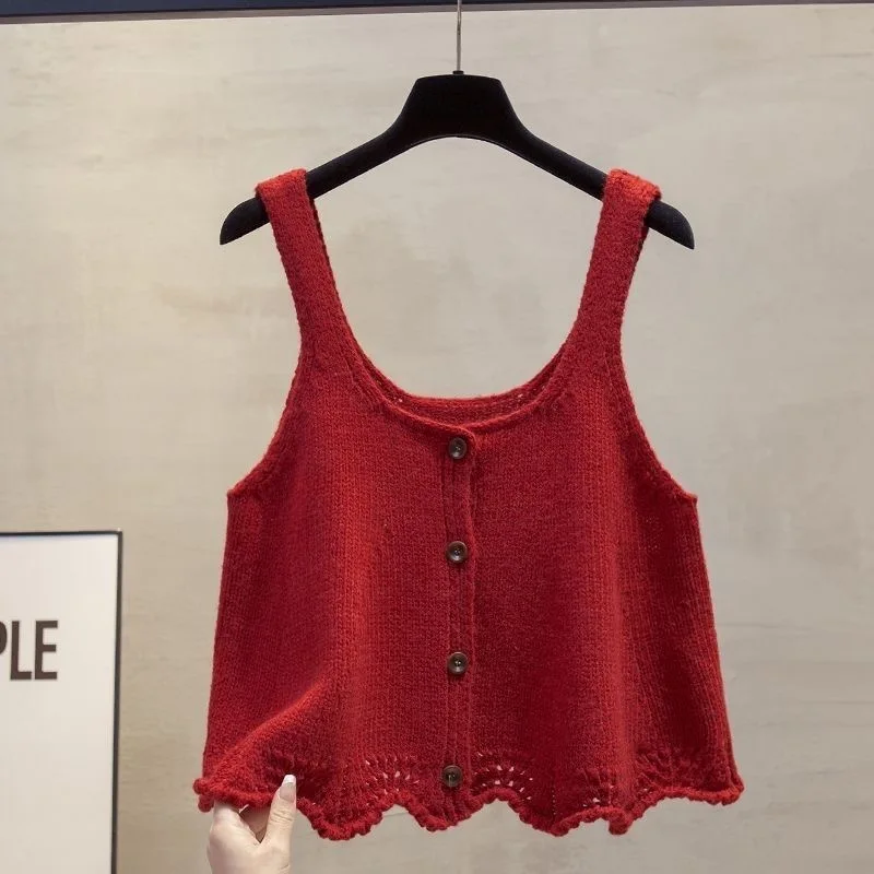 Korean Style Sweet Wave-Hem Sweater Vest With Buttons Red Blue Gray Beige Yellow Sleeveless Knit Tank Top Cover Up Crop Cardigan