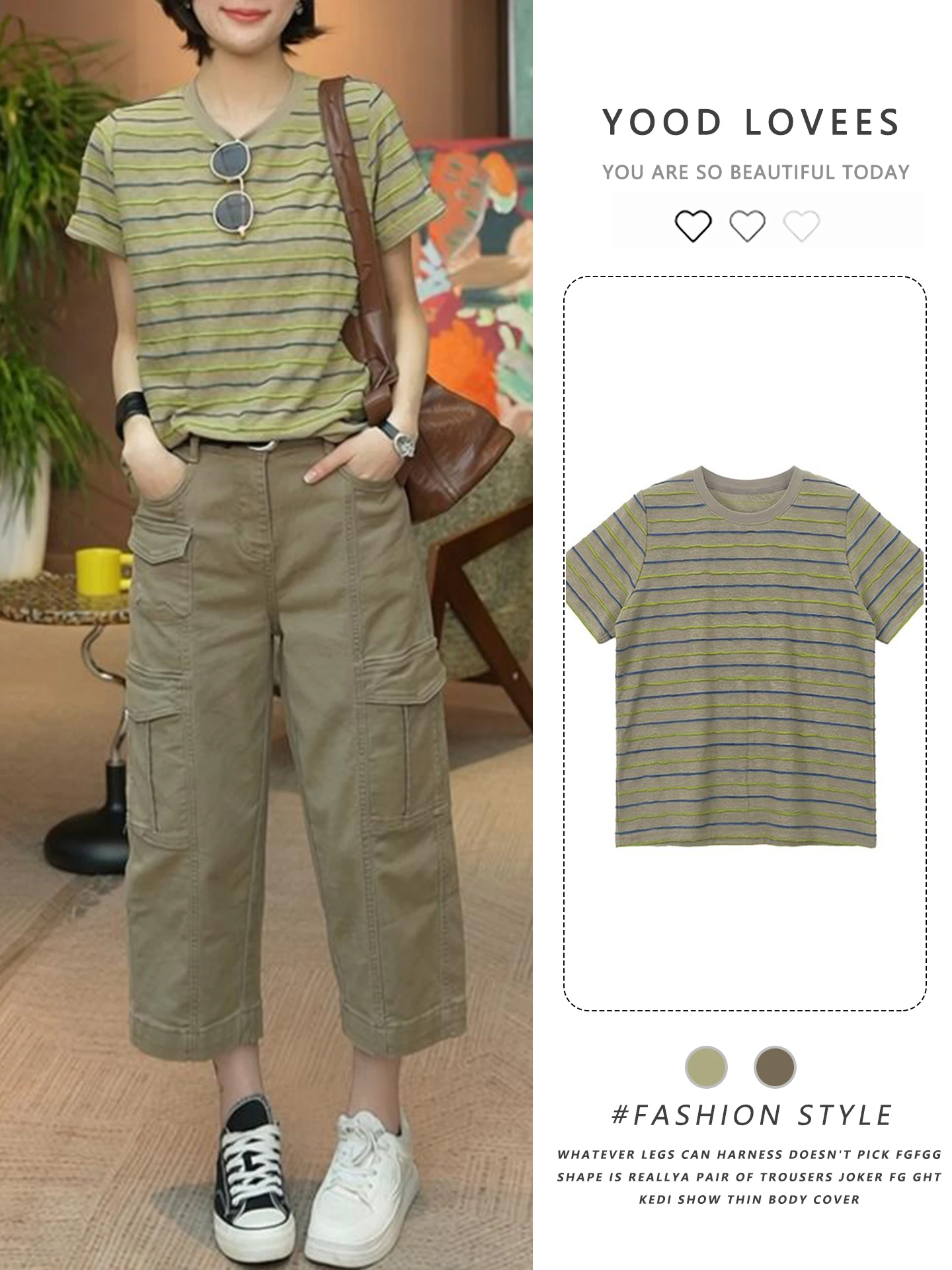 

Retro Japanese Style Loose Casual Striped T-Shirt And Denim Pants Set Fashionable All-Match Workwear with Pocket for Women