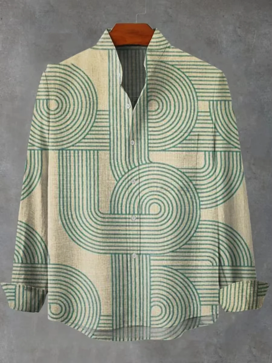 

​​2025 Men's Stand-Collar Shirt 3D Art Print Minimalist Design Long Sleeve Spring Autumn Comfort Fit​