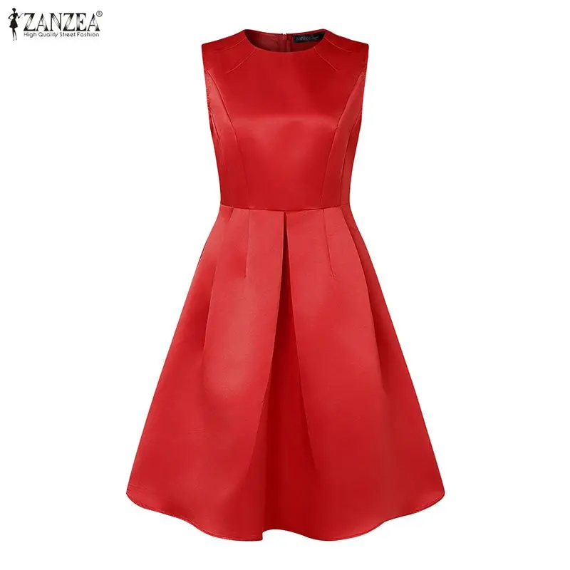 ชุดเดรสยาวคลุมเข่าสำหรับงานปาร์ตี้ฤดูร้อน แขนกุด ดีไซน์หรูหราจาก ZANZEA ผ้าซาตินเนื้อผ้าไหม คอทรงโอ แฟชั่นสำหรับงานแต่งงานหรือใส่ลำลอง สีพื้น