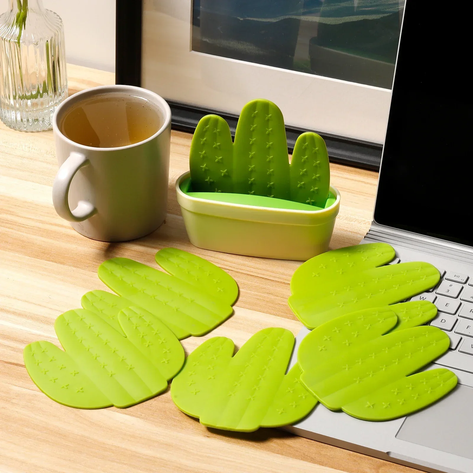 6 PCS Cactus Coaster Set with Flowerpot Holder Creative Maple Leaf Pad Novelty Cup Mat for Drinks Bar Home Decor Coffee Table