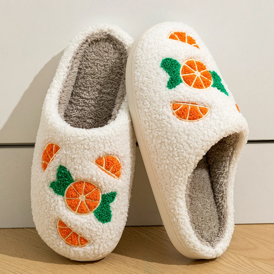 الترفيه المنزل غامض الفاكهة الكرتون المرأة النعال البرتقال نمط الشتاء داخلي دافئ مريح لطيف غرفة نوم الأزواج لينة وحيد الأحذية