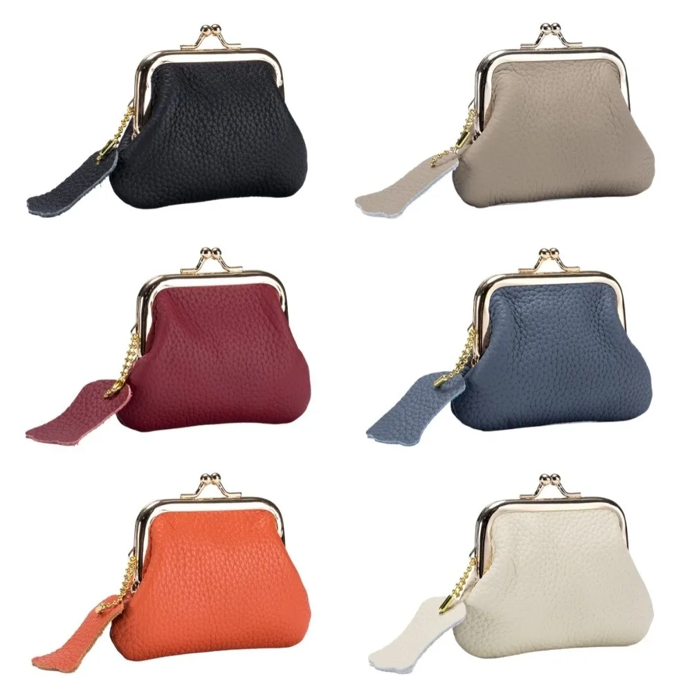Bolsa de joyería Mini monedero de cuero de vaca llaves/lápices labiales/auriculares Kiss Lock Cartera de cuero Color sólido bolsa de artículos pequeños portátil