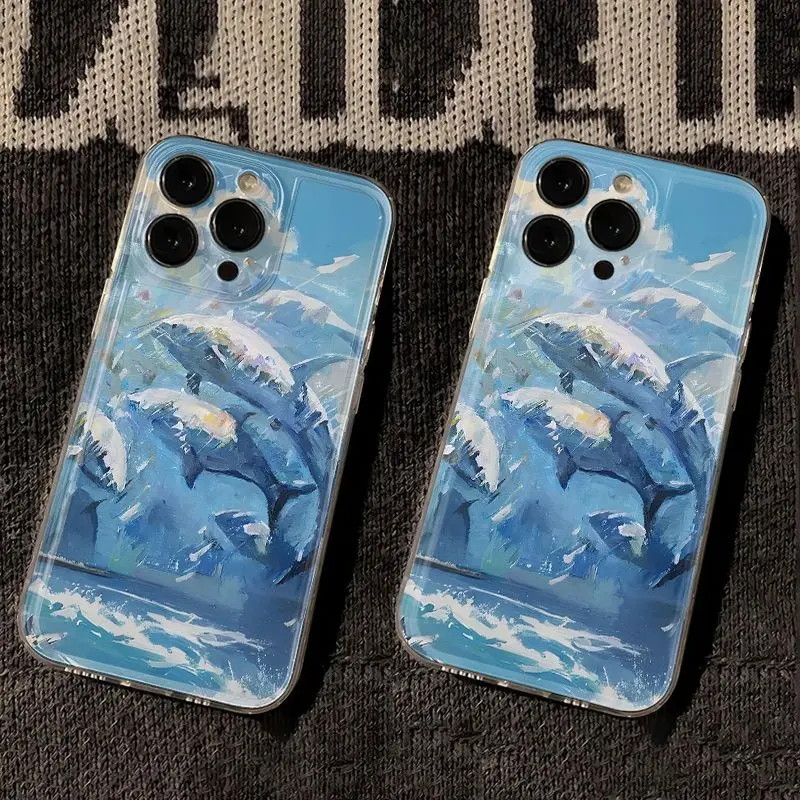 Blue Ocean Leaping Fish Phone Case For iPhone 16 15 14 13 12 11 Pro Max XR X XS 14 15 7 8 Plus Y2K Anti Fall Clear Cover