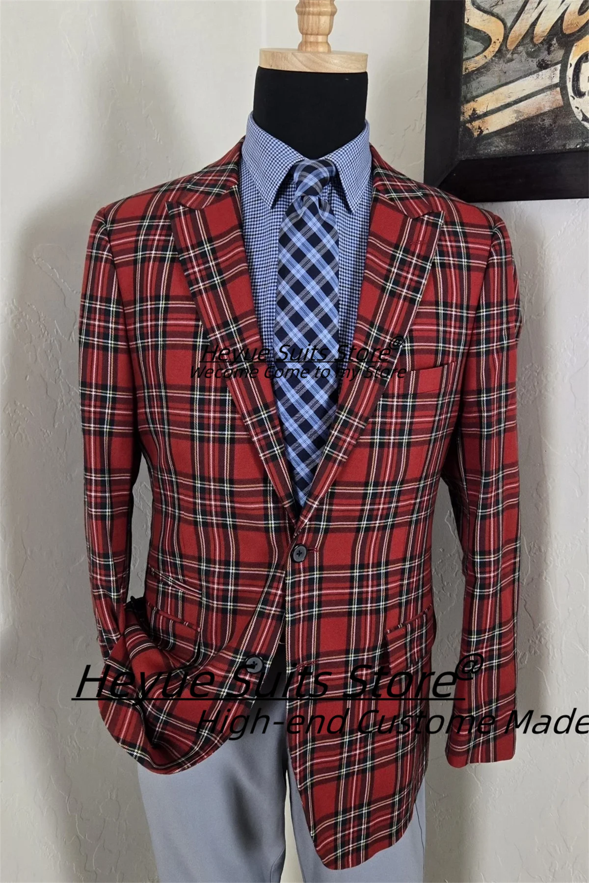 Handsome Classic Plaid Men Suits Male Party Banquet Blazers Customized Slim Fit Peak Lapel Groom Wedding Tuxedos 2 Pieces Sets