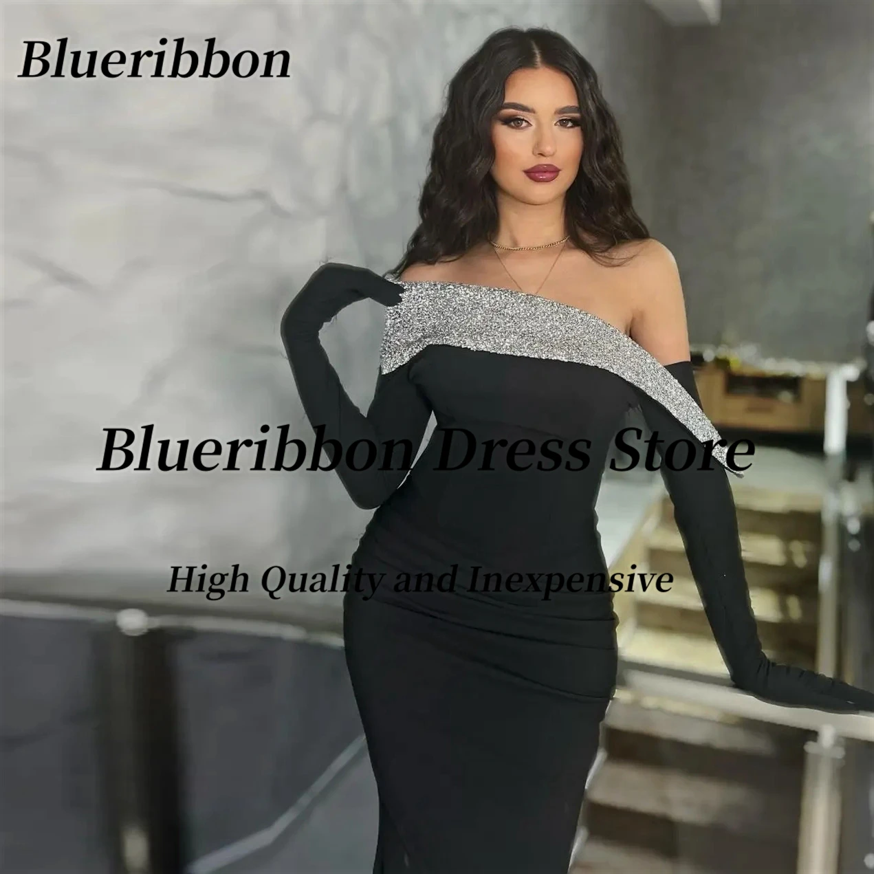 Blueribbon Black Mermaid Dresses for Prom Party Silver Sequins Strapless Evening Gowns Zipper Back Wedding Guests Women Wear