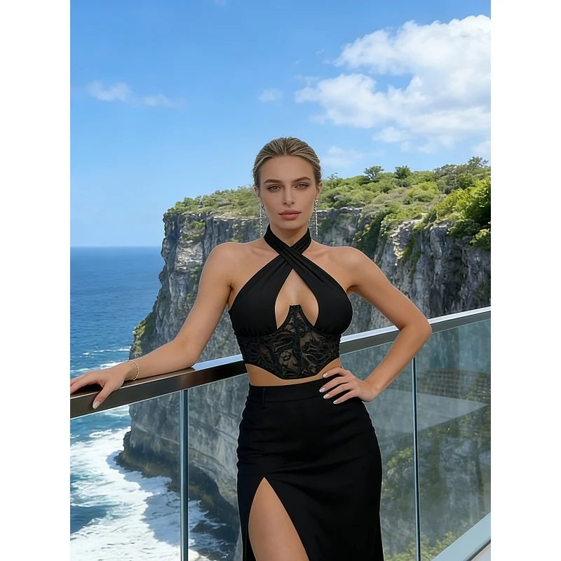 

European And American French Spicy Suspender Vest, Multiple Ways to Wear, Thin Spliced Lace Halter Neck