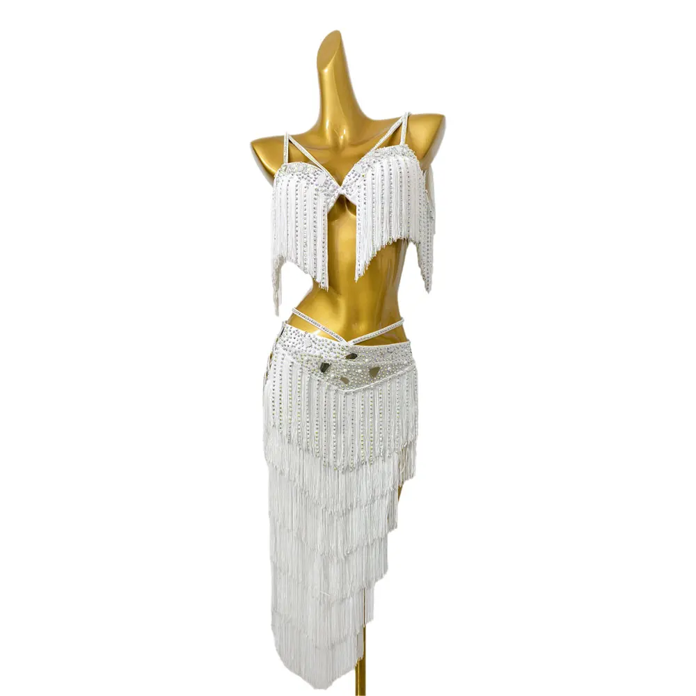 

Платье для танца живота, детская высококачественная белая белая самба с кисточками для тяжелой промышленности, женская сценическая профессиональная одежда для взрослых