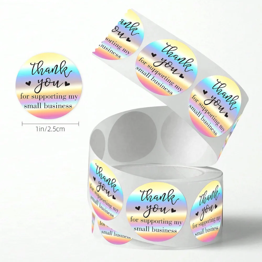 500PCS 2.5CM Holographic Rainbow Stickers Roll Thank You for Purchase Business Decor Tags