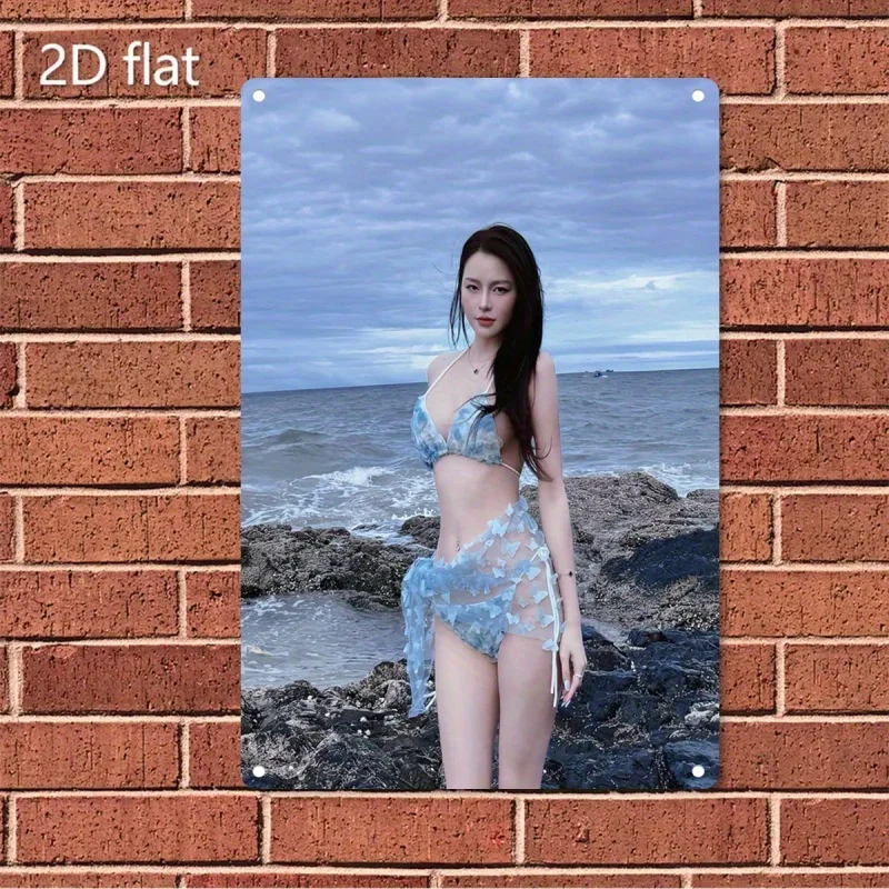 

Rustic Retro Advertising Sign for Home Decor，Metal Poster - Turquoise Blue & Turquoise Golden Coastal Beach Woman in Bikini - He