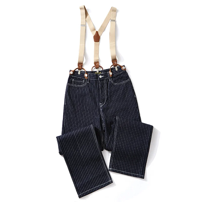 Spring Winter Men's Wide Leg Jeans Railway Stripe Tooling Sling Pants Outdoor Trekking Labor Travel Locomotive Strap Trousers