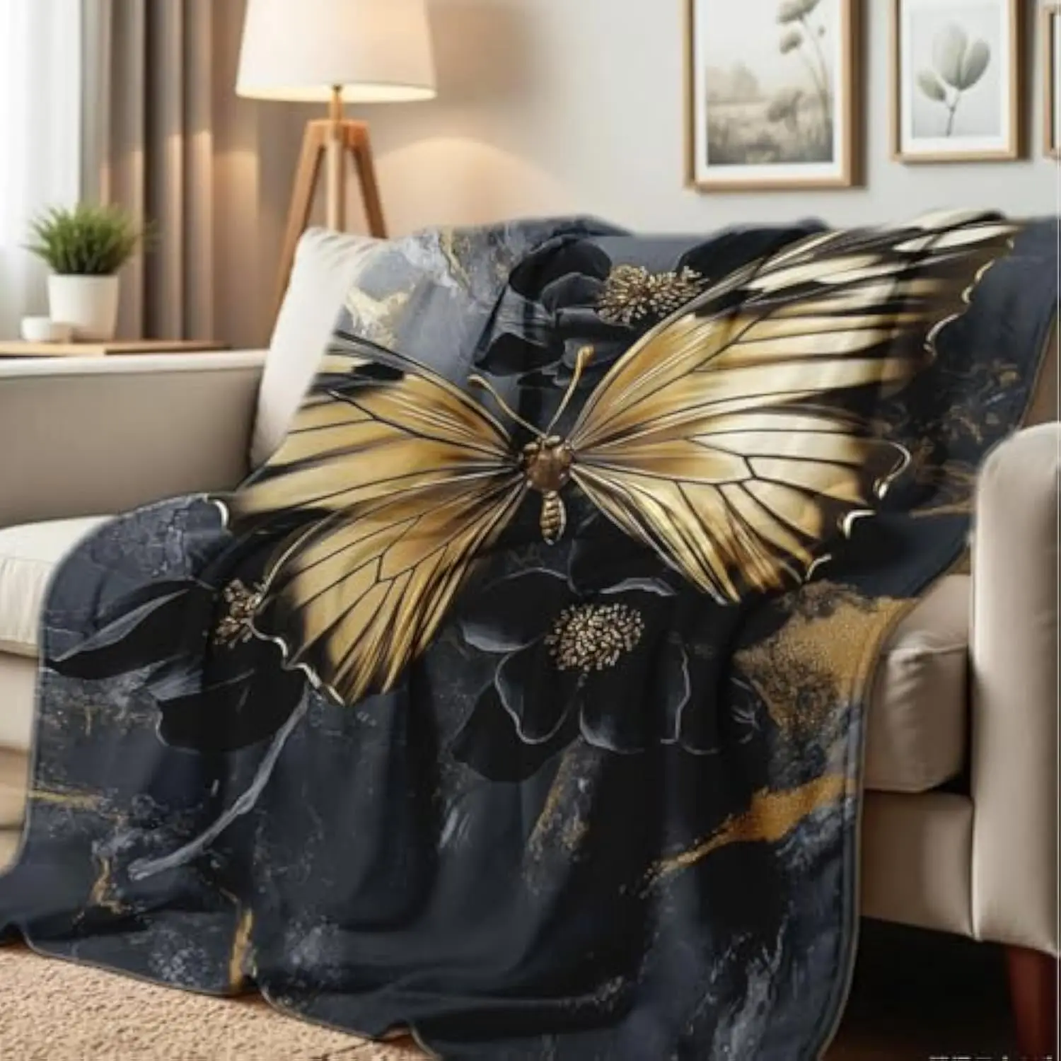 

Фланелевое флисовое одеяло с золотой бабочкой и черным цветочным принтом, мягкое декоративное одеяло для дивана и кровати