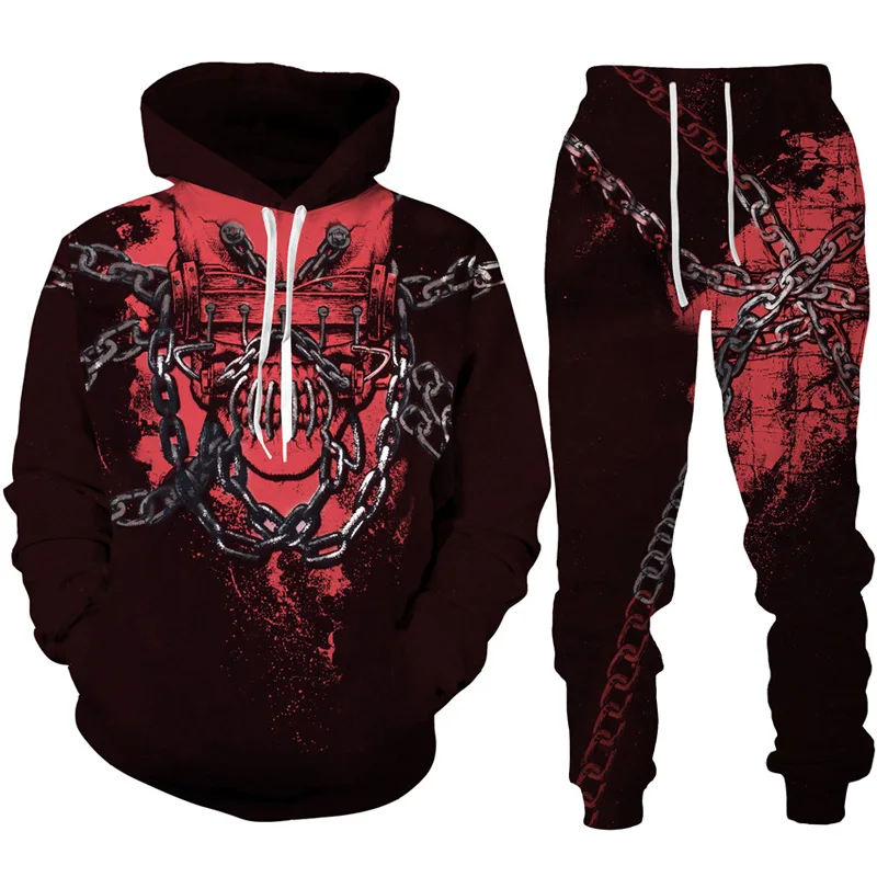 Gothic Skull Tattoo 3D Printed Hoodie/Tracksuit Fashion Men\'s Motorcycle Biker Sportswear Set Cool Graphic Hoodie+Pants 2pcs Set