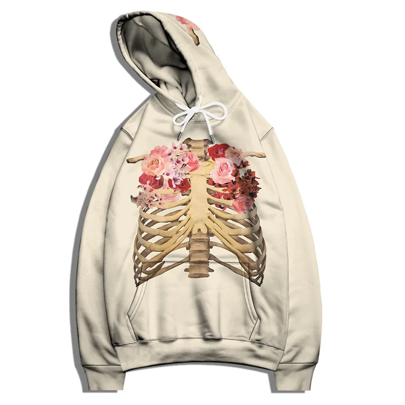 

Men's Holloween Hoodies Punk Style Horror Skeleton Flower Finger Skull Print Oversized Hooded Sweatshirts Female Casual Pullover