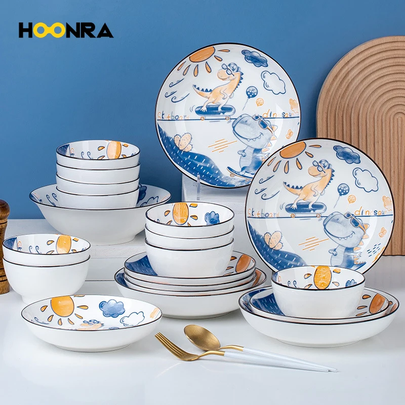 

HOONRA Cartoon Pattern Blue Ceramic Dinner Set Western Plate Oven Steak Plate Food Tray Creative Plate Salad Bowl Fish Plate