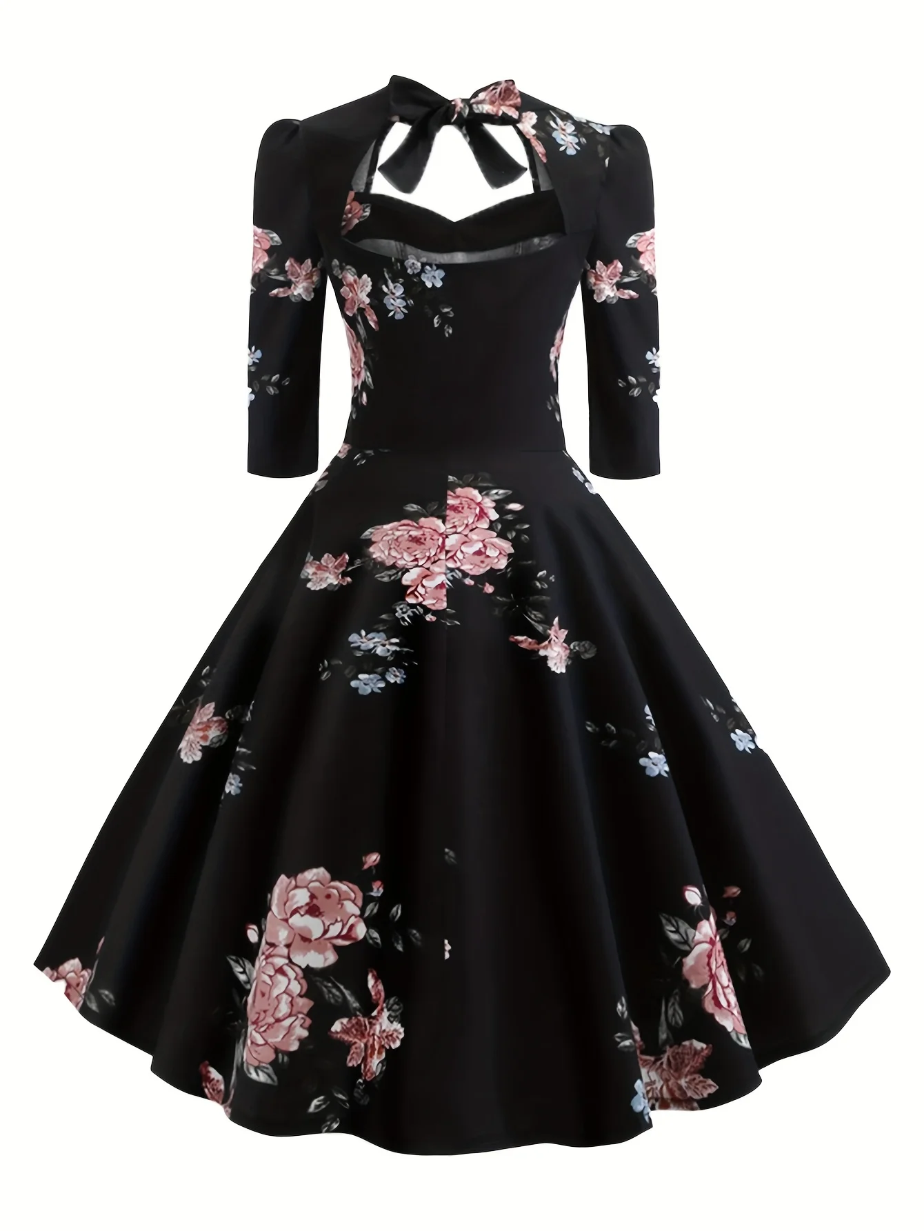 Elegant Vintage-Inspired Floral Print Dress with Cinched Waist - Cotton Blend, Machine Washable, V-Neck for Women