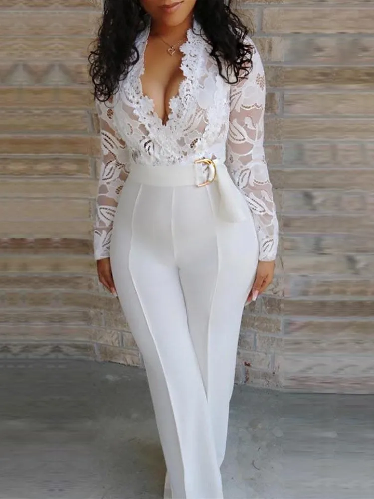 Autumn New Lace Sexy Deep V-neck Jumpsuit Fashion Stitching Slim Package Hip Trousers Elegant Female Party Jumpsuits With Belt