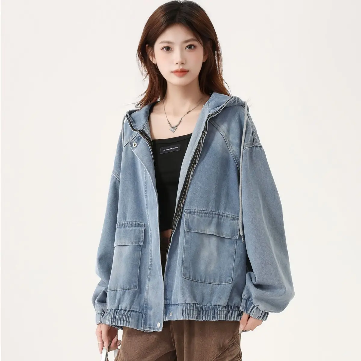 

Denim Coat Girls Womens Spring Chambray Cropped Urban Raw-Edges Sashes Lovely Matching Pleated Adjustable Outcoats Jackets Femme