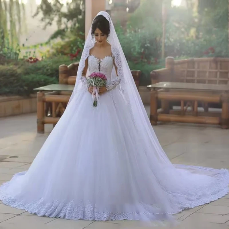 

Gorgeous Wedding Dresses Long Sleeve Sweetheart Sequined Appliques Sweep Train Arabic Bridal Gown Vestidos De Novia Customized