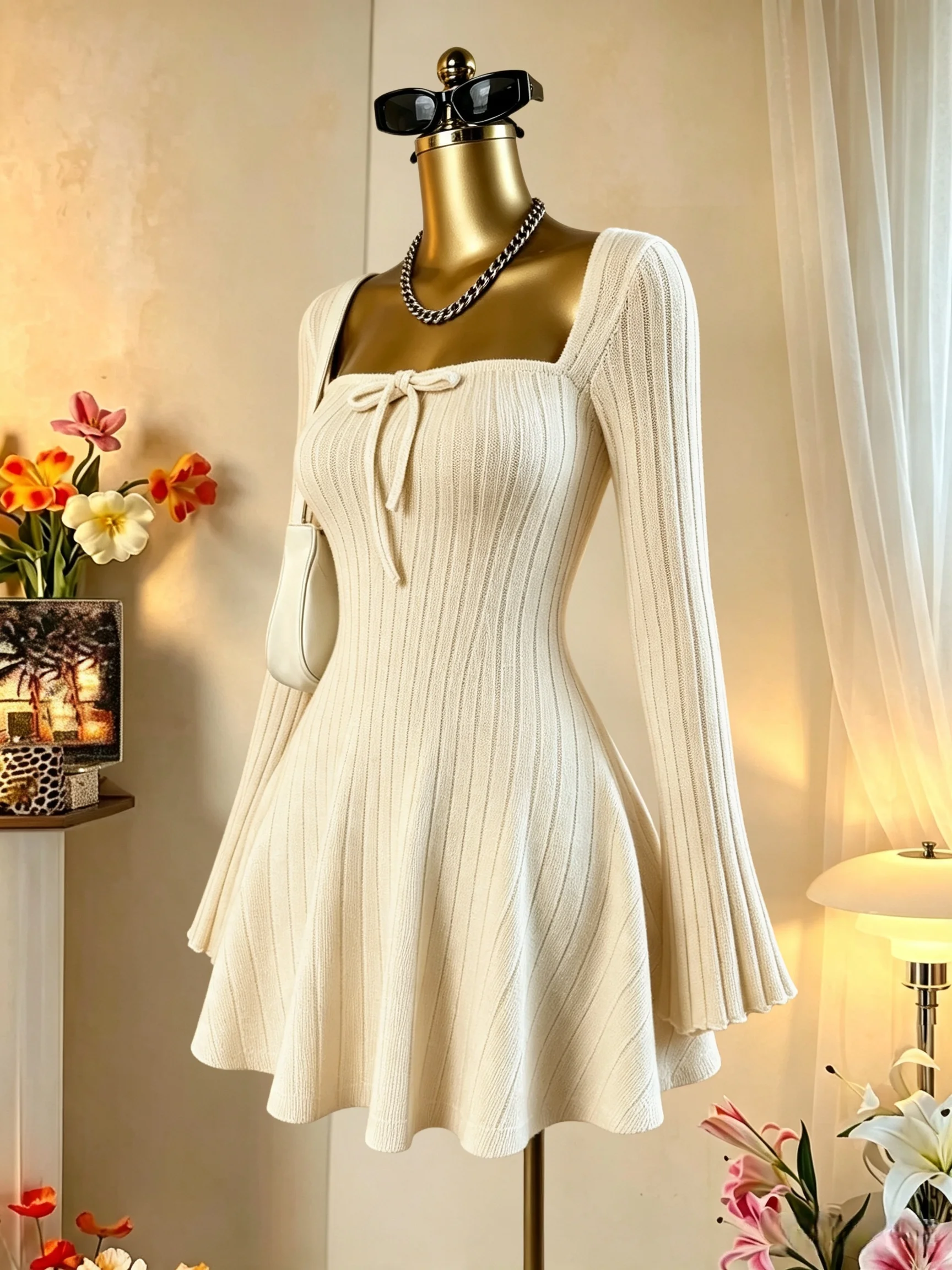Damen-Minikleid mit quadratischem Ausschnitt, vorne gebunden, gerippt, ausgestellter Rock, lange Ärmel, tailliert, A-Linie, Y2K, sexy Kleid – Detail 12