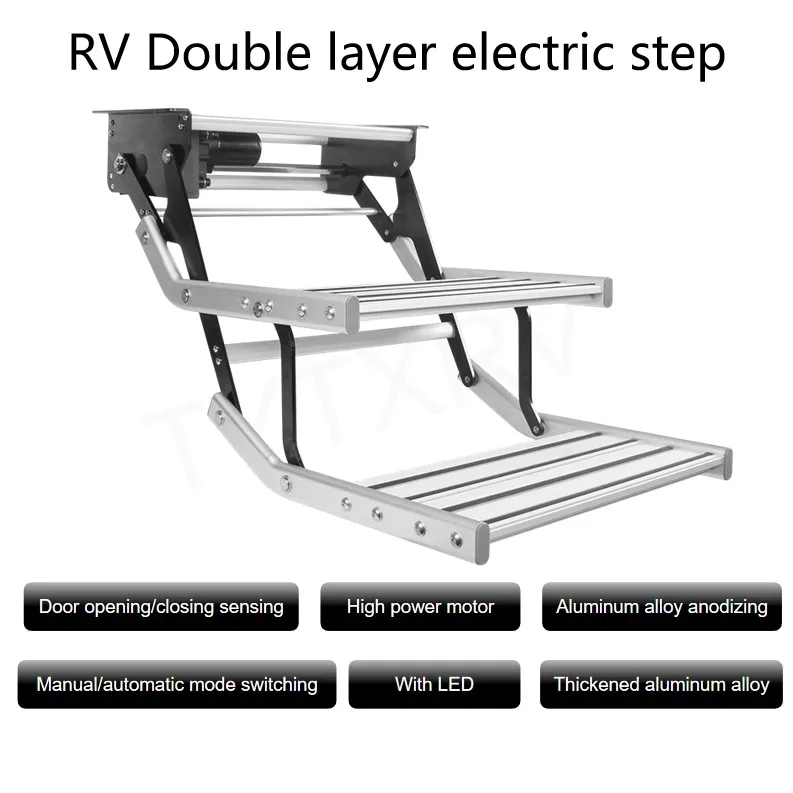 Double Decker Electric Step With LED Light Thickened Aluminum Alloy Truck Trailer RV Double Steps For Caravan,Camper Accessories