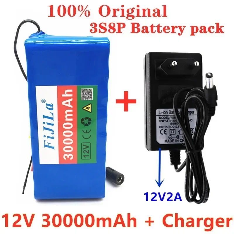 Batería 18650 de 12V, 30000mAh, paquete 3S8P, placa de protección de batería de litio 18650, 12v, 30000mAh para minero inversor + cargador de 12,6 V 2a