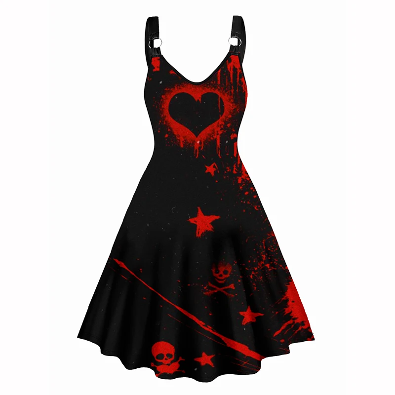 Women Midi Dresses Heart Skull Bleeding Star Print V Neck Dress O Ring Straps Sleeveless A Line Tank Dress 2024 New