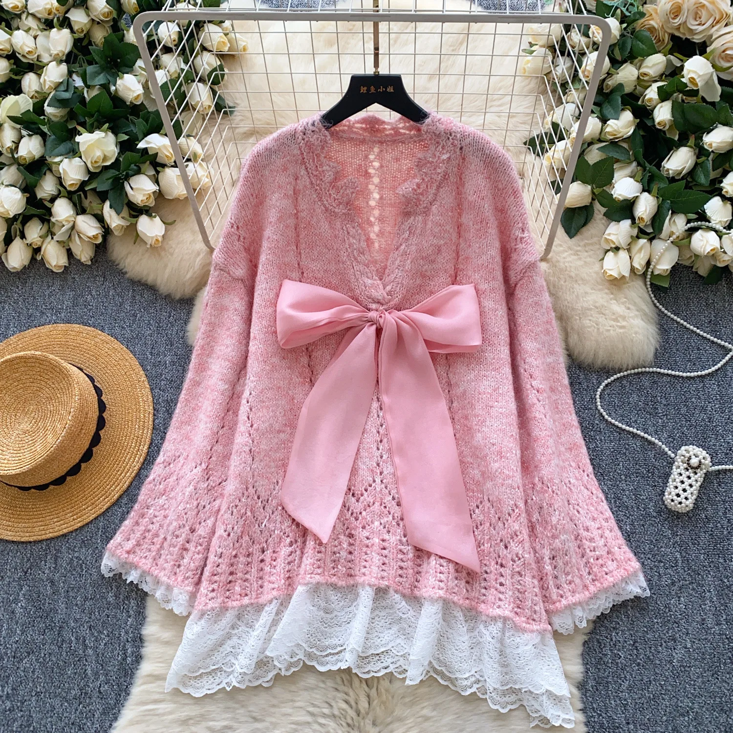 

Bohemian Loose Sweet Bow Lace Splicing Long Sleeve Knitted Cardigan Women's Autumn Sweater V-Neck Pullover Tops