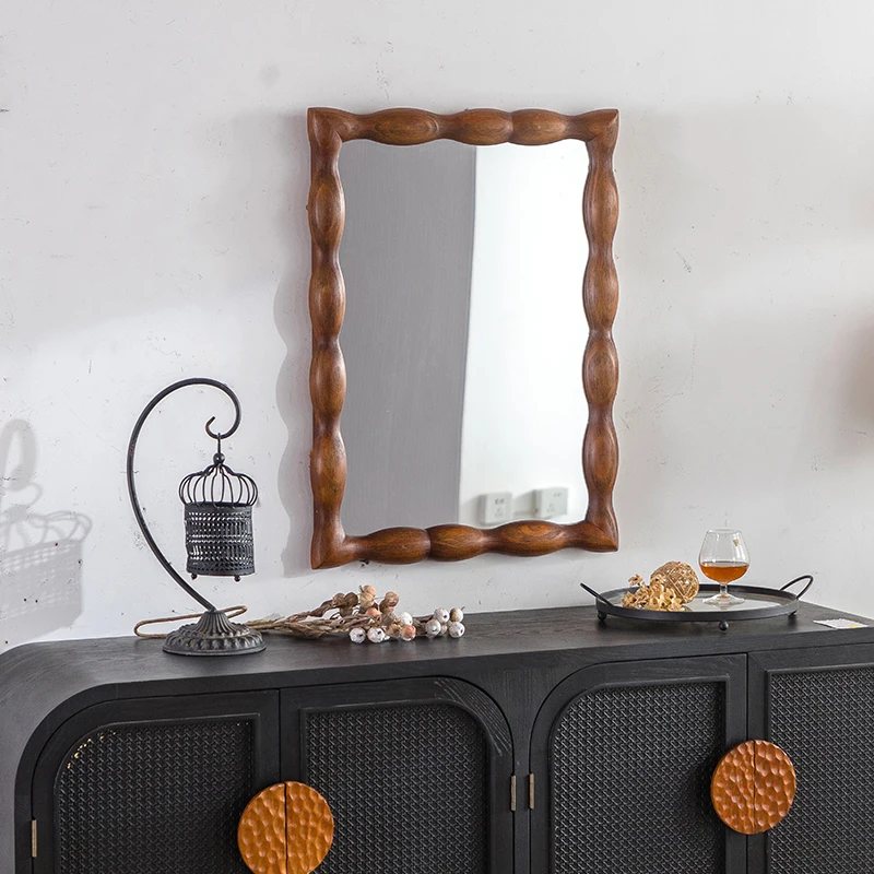Farmhouse Vintage Art Deco Thick Frame Wood Frame Makeup Mirror Wall Hanging Rectangle Creative Bathroom Entrance