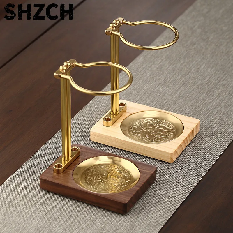 Chinese Style Copper & Wood Tea Filter Stand All-in-One Gongfu Tea Brewing Holder with Stable Base Tea Set Accessories
