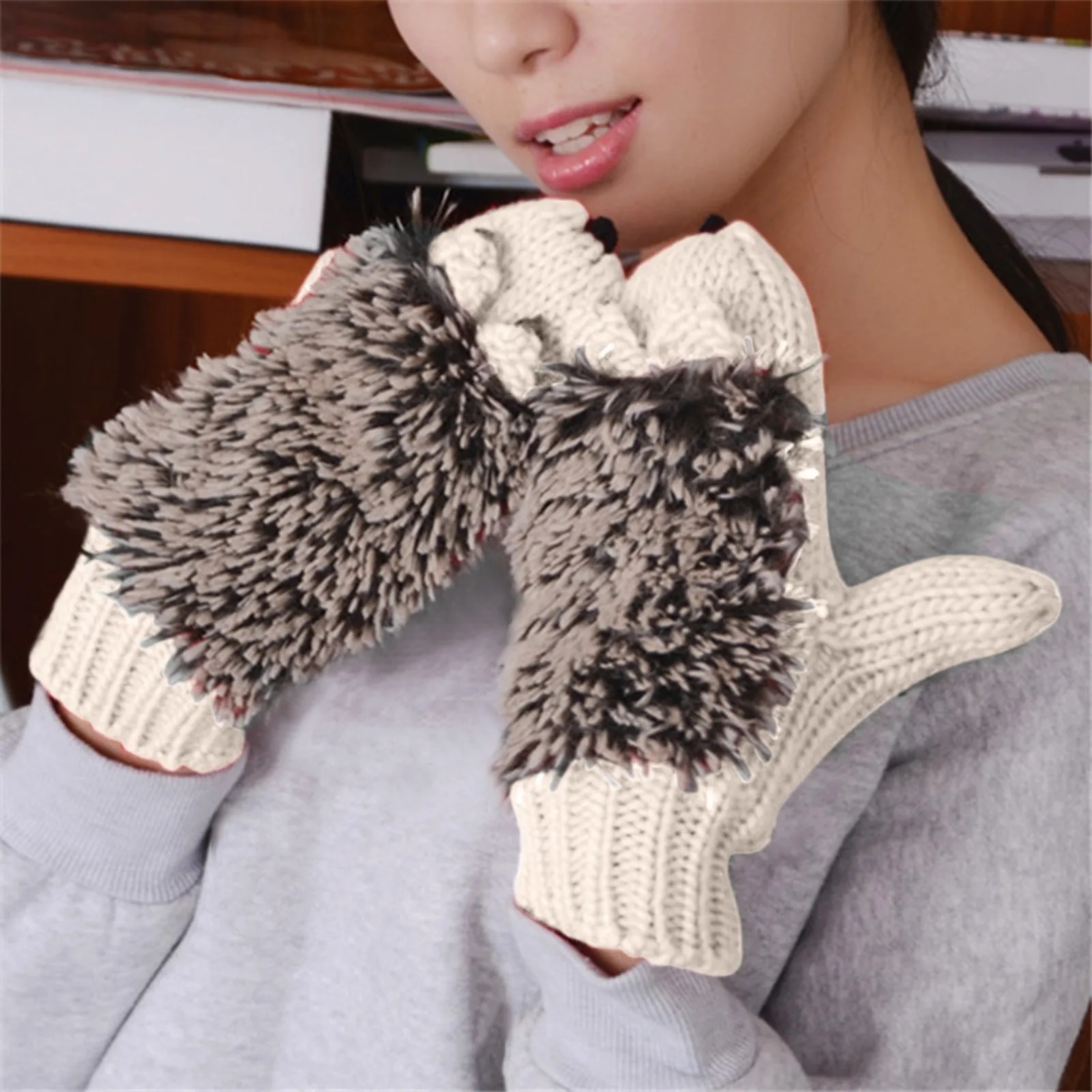 Warm Cute Cartton Hedgehog Fluffy Mitten Winter Thicekn Fleece Gloves Cute Knitting Fingerless Wool Glove Birthday Present Gifts