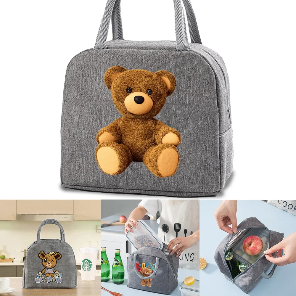 New Ladies Insulated Thermal Lunch Bag Handbags Women Kids Lunch Food Cooler Organizer Canvas Tote Bags Bear Print Picnic Packet